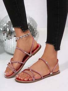 Minimalist Lightweight Round Toe Criss-Cross Strap Solid Color Glass Rhinestone Slip-On Sandals, Women Summer New Style Flat Sandals Suitable For Dresses, Fairy Style Two-Way Wear - Red - View 2