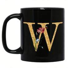 1pc Gold Letter & Floral Print Ceramic Coffee Mug, Beautiful & Practical Gift For Women, Girls, Office, Home Use - Black - View 11