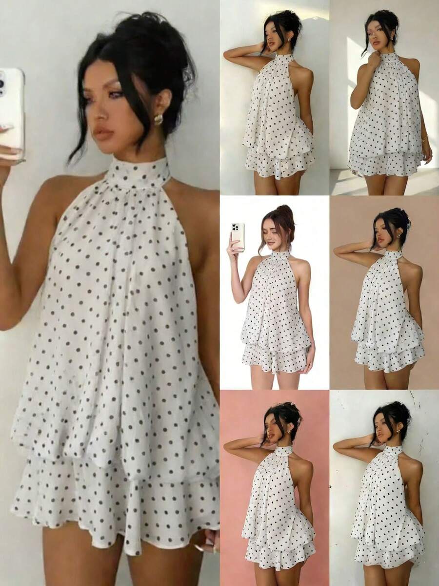 Valentine Outfits For Women Sweet Vacation Slim Sexy Backless Halter Waist-Cinching Top Puffy Short Skirt Dress For Women - 白底黑色波點 - 查看 1