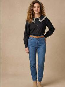 Women's Shirt With Ruff Collar/ Embroidered Detail/ Front Buttons/ Long Sleeves/ Classic Fashion S2192 2 In 1 Office - 黑色 - 查看 3