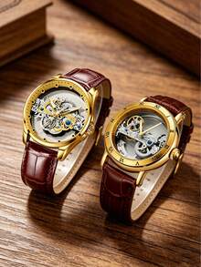 GUANQIN 1pc Men's Waterproof Luminous Gold Watch, Finely Carved Hollow Dial, Wear-Resistant Stainless Steel Case, Fashion Business Luxury Sporty Casual Men's Watch, Suitable For Easter, Halloween, Christmas, Father's Day, Birthday, Back To School, Festivals, Valentine's Day, Dates, Business, Daily Wear, Gifts, Music Festivals, Wedding Season - Gold - View 3