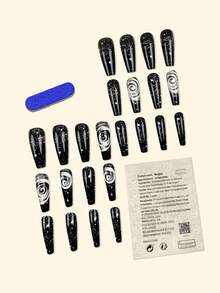 24pcs Black Fashionable French Rectangular Fake Nail Tips, With Starry Swirl Pattern, Includes Jelly Glue And Nail File, Suitable For Party, Event And Daily Wear. Suitable For Hen Party, Prom And Casual Daily Wear. Removable And Reusable Nail Art Decoration - Multicolor - View 3