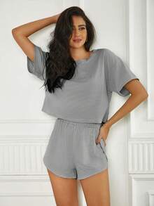 2 Pack Women's Casual Knit Lounge Sets With Short Sleeve Striped Tops And Side Slit Shorts Comfortable Four Season Pajama Sets For Home Relaxing And Sleep - Màu xám đen - Xem 8