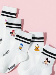 Disney 5双装迪士尼儿童袜子，白色条纹运动袜，印有蝴蝶结、小鸭、米老鼠等可爱卡通图案，适合迪士尼乐园、生日派对、节日礼物、学校、舞台表演、日常穿着，春夏四季皆宜。 - 彩色 - 查看 4