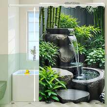 Cortina de ducha elegante con diseño de fuente de jardín, 2D, diseño de cascada y bambú, poliéster duradero, lavable a máquina, con ganchos, decoración artística para el hogar, temática de baño sereno, tela de fácil mantenimiento. - color1 - Ver 6