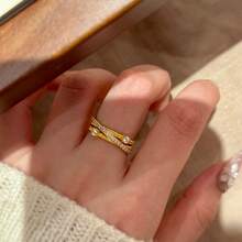 Women's Versatile Zirconia Inlaid 18K Gold Plated Triple-Layer Criss-Cross Open Ring - Gold - View 3