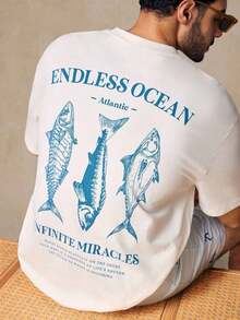 HIMLAND Men's Short Sleeve Crew Neck Drop Shoulder T-Shirt With Fish Graphic Print, Casual Style, Suitable For Outdoor Activities, Home, Dates, Beach, Funny White T-Shirt, Summer, Gifts For Men, Plus Size Beach T-Shirt, Spring Tops. - 白色 - 查看 3