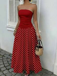 Vestido bandeau con cintura ceñida y estampado de lunares, estilo vacacional - Multicolor 3 - Ver 10