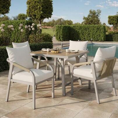 Garden Dining Set, Garden Furniture Set, Suitable For 6 People, Consisting Of 1 Table And 6 Chairs, Galvanized Steel Tubing, Plastic Wood Tabletop, Woven Rope Design, Khaki + Beige