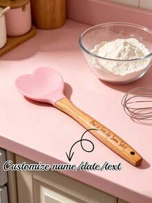 Personalized Pink Heart-Shaped Silicone Spatula, Customizable Name/Text/Logo, Fun Wooden Spoon Set, Personalized Silicone Spoon, Unique Heart-Shaped Design With Wooden Handle, Non-Stick And Heat-Resistant, Suitable For Stirring, Baking, Cooking, Etc., Personalized Home Kitchen Supplies, The Best Gift Choice For Her. - Pink - View 6