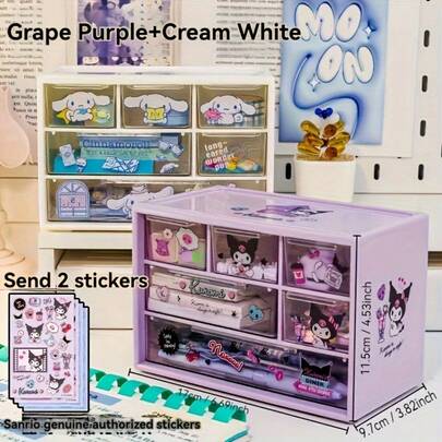  Officially Licensed Sanrio Hello Kitty & Friends Desktop Storage Set, 6-Drawer Storage Box With My Melody, Kuromi Designs, Multi-Compartment Desktop Organizer For Stationery And Supplies, Includes 1 Sheet Of Stickers, Authentic Plastic Crafts And Accessory Stand