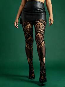 1pc Plus Size Elastic Fishnet Leggings, Fashionable Tights For Halloween & Christmas Costumes, Sexy Mesh Pantyhose For Women - Black - View 2