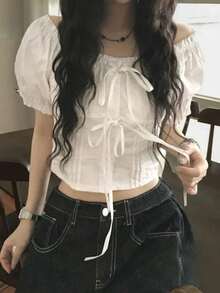 女款蝴蝶結領短袖襯衫，夏季白色，美學風格 - 白色 - 查看 9