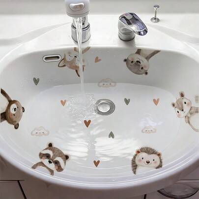 1 pieza Calcomanías decorativas para baño con amigos de un bosque encantador, zorro, castor, mapache, ardilla, erizo con corazones y nubes, adorables calcomanías para baño o fregadero de cocina, removibles y autoadhesivas, decoración de hora del baño con animales juguetones