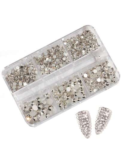 6-Grid Rhinestone Nail Art Decorations, Assorted Flat Round Glass Rhinestones Approx. 1200pcs, Comes With 1pc Rhinestone Applicator Pen