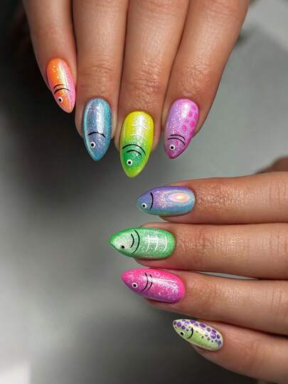 Colorful Fish Press On Nails Medium Almond Fake Nails Summer False Nails Press On Ocean Cat Eye Glue On Nails Glossy Acrylic Nail For Women Manicure Art 24Pcs