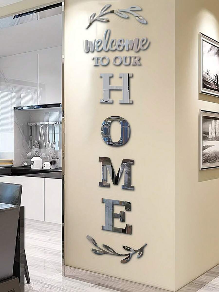 1 Set "Welcome To Our Home" 3D Acrylic Mirror Wall Sticker - Self-Adhesive Reflective Pattern, Suitable For Living Room, Bedroom, Bathroom - Elegant Beige And White Design With Olive Wreath Pattern, Mirror Wall Decal - Multicolor - View 1