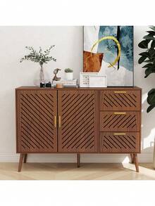 SURUIHK Storage Cabinet With 3 Drawers & Double Doors Wood Buffet Sideboard Cabinet Multi Use Storage Organizer For Kitchen Dining Room Living Room Natural Wood Style - 棕 - 查看 6