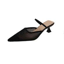 粉色小猫跟凉鞋，网眼露跟设计，高跟鞋 - 黑色 - 查看 4