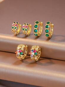 Give Her The Best Gift! 1/3 Pair Gold Emerald And Multicolor Cubic Zirconia Huggie Earrings, Floral And Round Cut Zirconia Design Hoops, Perfect For Birthday, St. Patrick's Day, Valentine's Day And Christmas, High Quality Jewelry - Gold - View 1