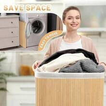 Cesta de lavandería de bambú con tapa y asa, diseño clásico, cesta de almacenamiento plegable de gran capacidad, forma rectangular y redonda, forro multifuncional, cesta de almacenamiento de ropa, adecuada para el hogar, dormitorio o lavandería - ¡Regalo perfecto! - Color de madera natural - Ver 4