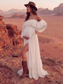 Maternity Off-Shoulder White Long Sleeve Ruffle Hem Dress, High Slit Loose Flowy Pregnancy Photoshoot Formal Gown Fall - White - View 3