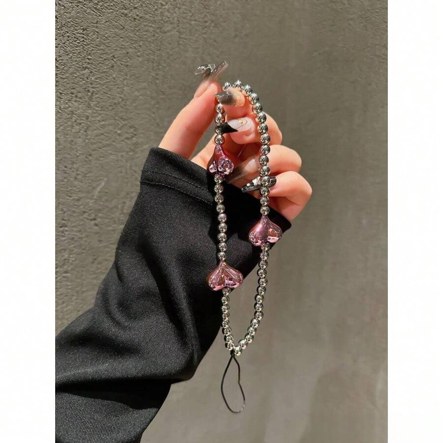 1pc Silver Sweet Electroplated Pink Heart Phone Case Strap Wristband Earphone Pendant Bag Charm For Girls Gifts For Mother Family Friends Birthday Holiday Phone Charm Phone Chain Cute Portable - 銀色 - 查看 1