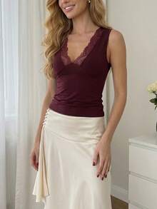 Áo hai dây dệt kim cổ chữ V thời trang nữ, viền ren, chất liệu vải dệt trơn, chiều dài tiêu chuẩn, kiểu dáng cơ bản. - Màu Đỏ Sâu - Xem 4