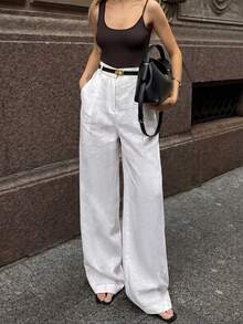 Pantalones rectos y anchos de pierna casual para mujer con bolsillos laterales, adecuados para el transporte urbano, blanco verano - Blanco - Ver 4