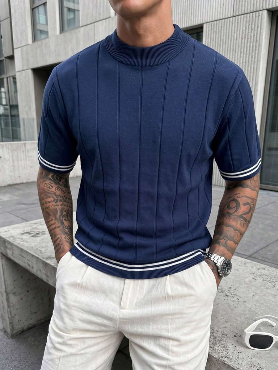 Men's Spring/Summer High Neck Short Sleeve Striped Knit Sweater, Slim Fit Retro Elegant Casual Designer Knitwear