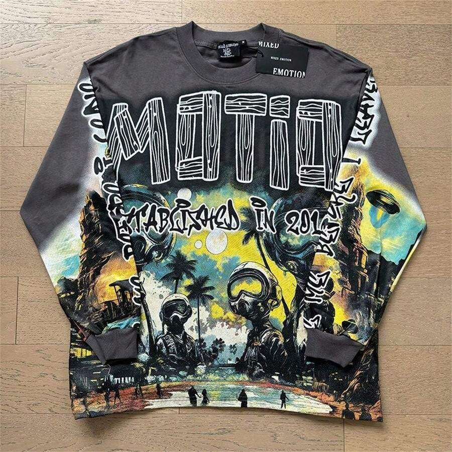 2026 MIXED EMOTION Long Sleeve T-Shirt Men Women High Street Full Print 100% Cotton Crewneck Hip Hop Oversized Tops Tops Hoodies Summer Clothes Western Outfits For Women Summer Outfits For Women Jackets Sweater Jackets For Women - 圖1 - 查看 1