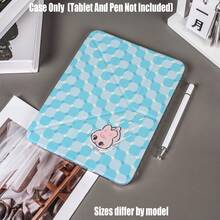 亚克力Y型折叠高透明平板电脑保护套。冰蓝色网格粉色兔子游泳图案Y型折叠高透明亚克力版。乳蓝色像素网格粉色兔子游泳图案Y型折叠高透明亚克力保护套。 - 彩色 - 查看 1