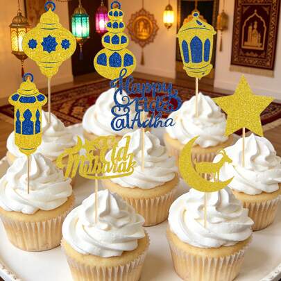 24pcs/12pcs Gold Glitter Moon, Star, Goat Shaped Eid Mubarak Cupcake Toppers Set, Suitable For Eid Al-Adha Party Decoration