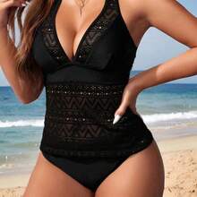 Swim Lushoire Women's Hollow Out Simple Halter Neck Tankini For Daily Wear Summer - Negro - Ver 5
