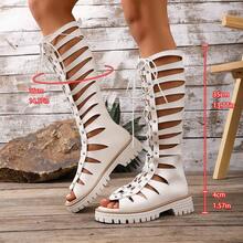 Sandalias de mujer con cremallera en la espalda y diseño calado, botas de moda con suela gruesa, estilo romano versátil con cordones delanteros y punta redonda, para primavera/verano - Beis - Ver 7