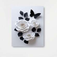 Cuadro plano 2D, 2D plano, 2D plano de 1 pieza sin marco, que muestra rosas de papel y hojas contra un fondo blanco con una mariposa de papel negra. Esta decoración del hogar con afirmaciones positivas sirve como decoración motivacional en un estilo retro. - Enmarcado - Ver 1