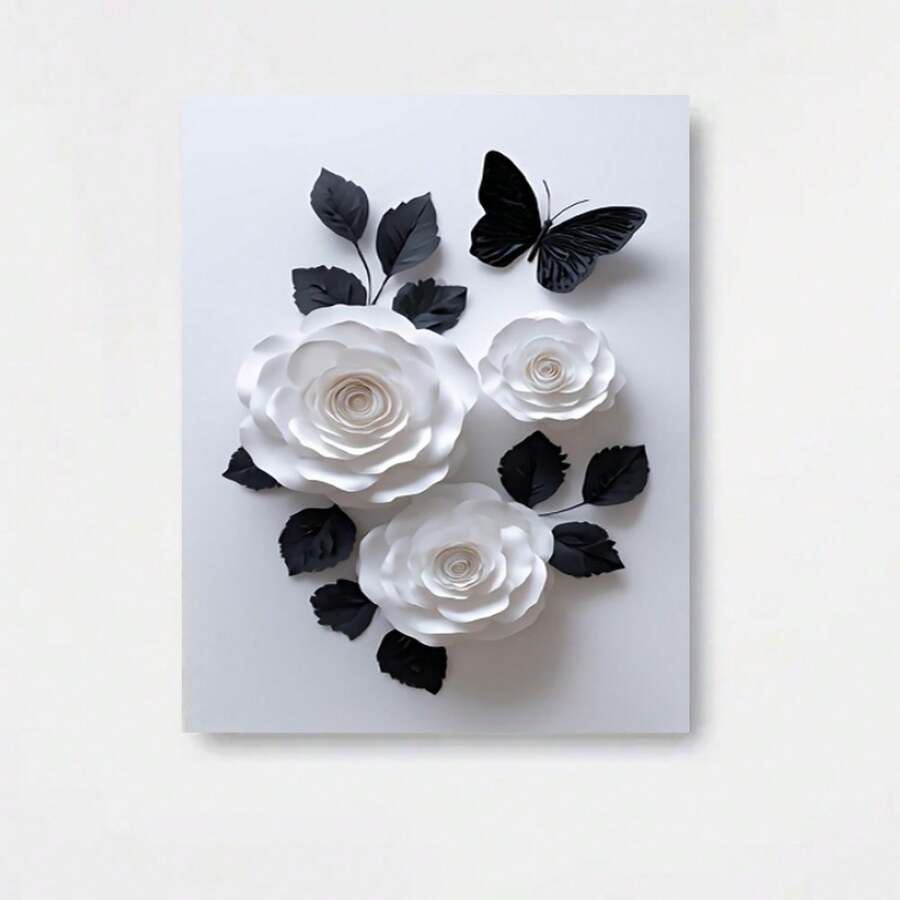 Cuadro plano 2D, 2D plano, 2D plano de 1 pieza sin marco, que muestra rosas de papel y hojas contra un fondo blanco con una mariposa de papel negra. Esta decoración del hogar con afirmaciones positivas sirve como decoración motivacional en un estilo retro. - Enmarcado - Ver 1