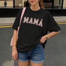 Camiseta Oversize Negra con Estampado MAMÁ para Mujer Casual Verano - Negro - Ver 3