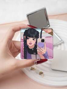 1PC Y2K Style Portrait Series Makeup Mirror, Foldable, Lightweight, Ultra-Thin, Portable, Durable, PU Leather, Suitable For Various Occasions, Travel, Party, Work, School, Suitable For All Ages, Universal - Multicolor - View 7