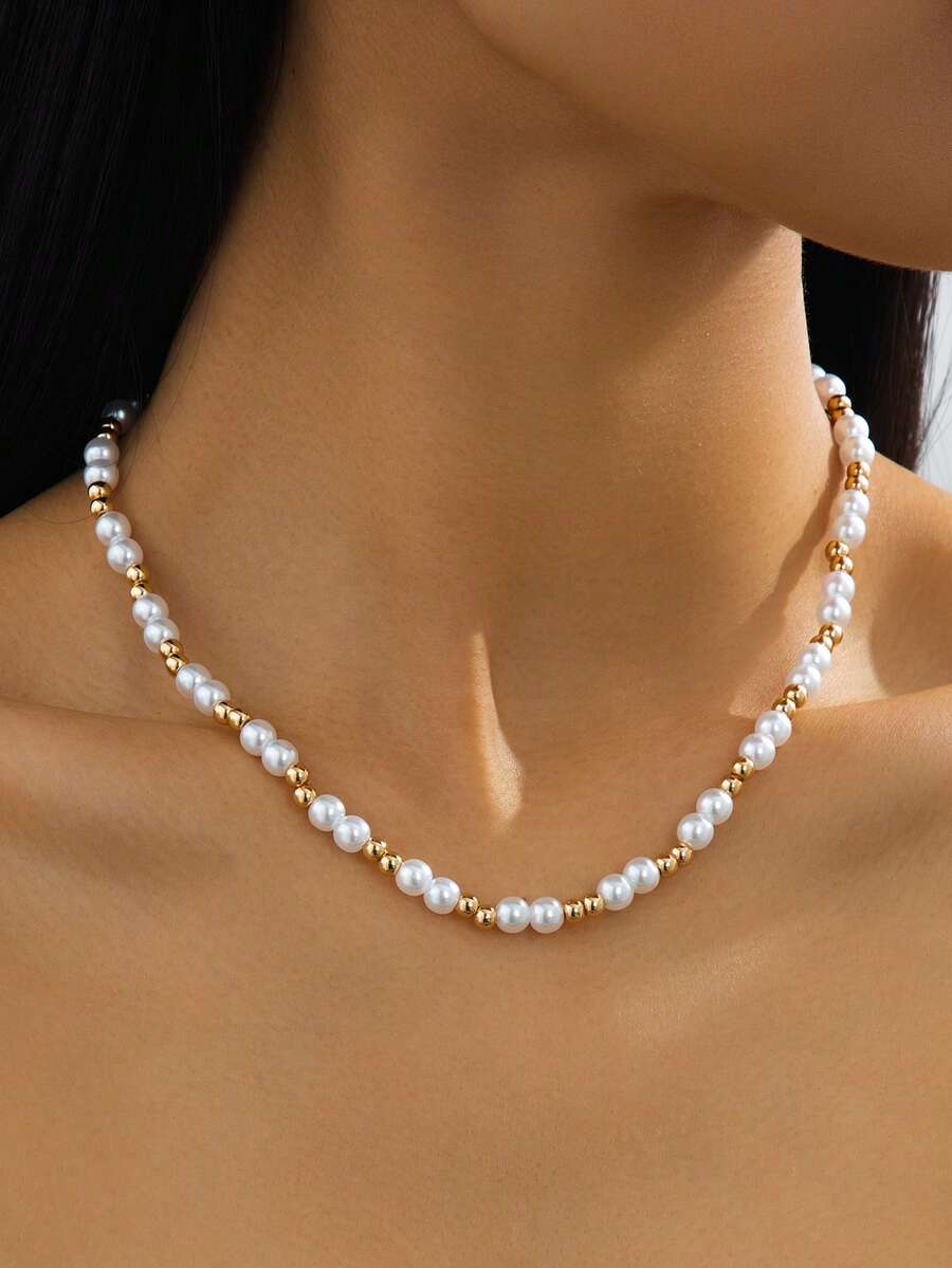 1 chiếc vòng cổ đính hạt màu trắng và vàng, kiểu dáng thanh lịch, tối giản, đa năng, phù hợp cho mùa hè đi biển, dành cho nữ. - trắng - Xem 1