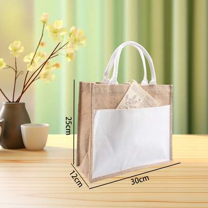1 chiếc túi tote vải lanh ghép mảnh có ngăn trước | Túi đeo vai vải lanh thô mộc mạc cổ điển với ngăn lớn phía trước, tuyệt vời để làm quà tặng, đựng đồ hàng ngày, đồ thủ công tự làm, đám cưới, lễ hội.
