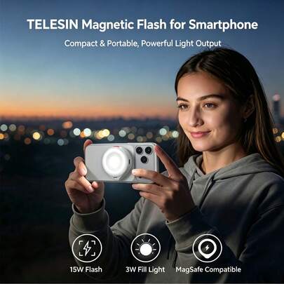 TELESIN Đèn hỗ trợ chụp ảnh/đèn phụ đa năng Magsafe: Gắn từ tính, điều khiển không dây, tay cầm tiện dụng, giao diện phổ thông 1/4 inch, đèn flash từ tính cho điện thoại di động, đèn phụ cho livestream, nhẹ và di động, đèn LED để chụp ảnh, selfie và làm đẹp hình ảnh, tương thích với các thiết bị iPhone/Android.