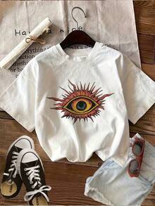 Camiseta casual de algodón para mujer, verano 2026, con estampado a doble cara de ojos psicodélicos y setas, manga corta, cuello redondo, estilo camiseta de verano. - Blanco - Ver 2