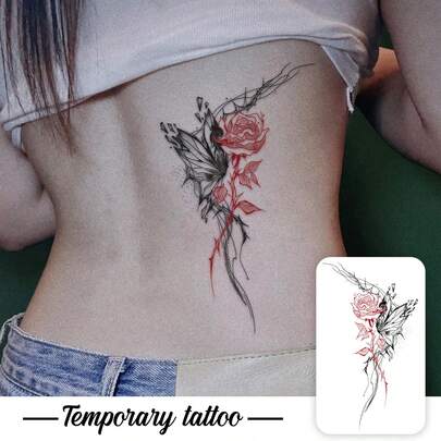1 Tattoo Sticker, Dark Shattered Style Red Rose Butterfly For Waist And Abdomen, Temporary Tattoo Sticker, Washable, PVC, Disposable, Waterproof And Sweatproof, For Arms, Waist, Abdomen, Back, Legs, Non-Reflective, Realistic Tattoo, Suitable For People, For Daily Use, Lasts 3-5 Days