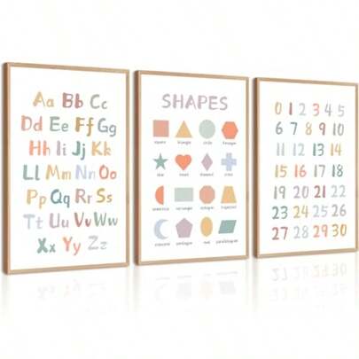 Decoración de pared para sala de juegos Guardería ABC Alfabeto Póster Sala de juegos Decoración de pared de lienzo Obra de arte educativa para niños pequeños Números Formas Impresiones Imagen ABC para sala de juegos 12x16 pulgadas Juego de 3 sin marco