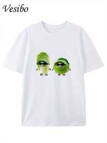 Camiseta con Cuello Redondo y Estampado Creativo de Gato Col y Gato Bok Choy, Manga Corta, Estilo Casual de Verano, Top de Moda para Uso Diario - Blanco - Ver 7