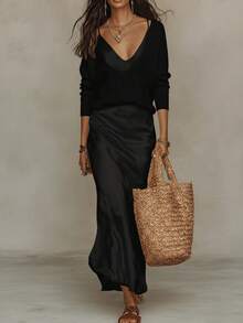 Fashionable New Women Satin Top Dress 2-Piece Set Elegant Business Casual Long Sleeve Office Outfit - 杏色 - 查看 8