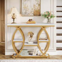 LITTLE TREE 39.4" Console Table, Industrial 4-Tier Sofa Table Entryway Table With Storage Shelves, Narrow Wood Accent Tables With Metal Frame For Small Spaces, Hallway, Foyer, White Gold - 白金 - 查看 10