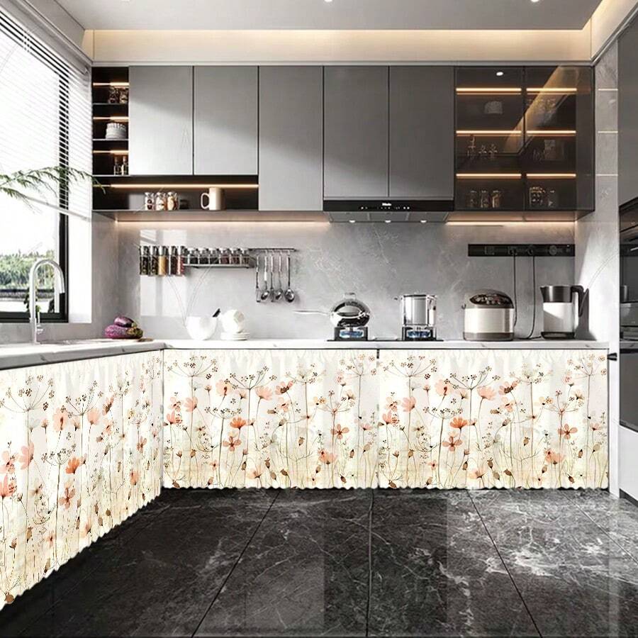 1 pieza Mantel corto de felpa de poliéster con estampado floral colorido, cortina colgante conveniente para gabinetes de cocina, decoración ideal para el hogar en la cocina, lavandería, armarios de almacenamiento, también se puede usar como cenefa de ventana - Multicolor - Ver 1