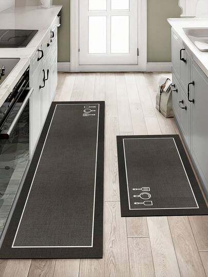 1片深色简约图案硅胶植绒厨房垫。高吸水性、防滑、耐用、易于清洁。可用作厨房垫、浴室垫、洗衣垫、走廊垫、房间装饰。